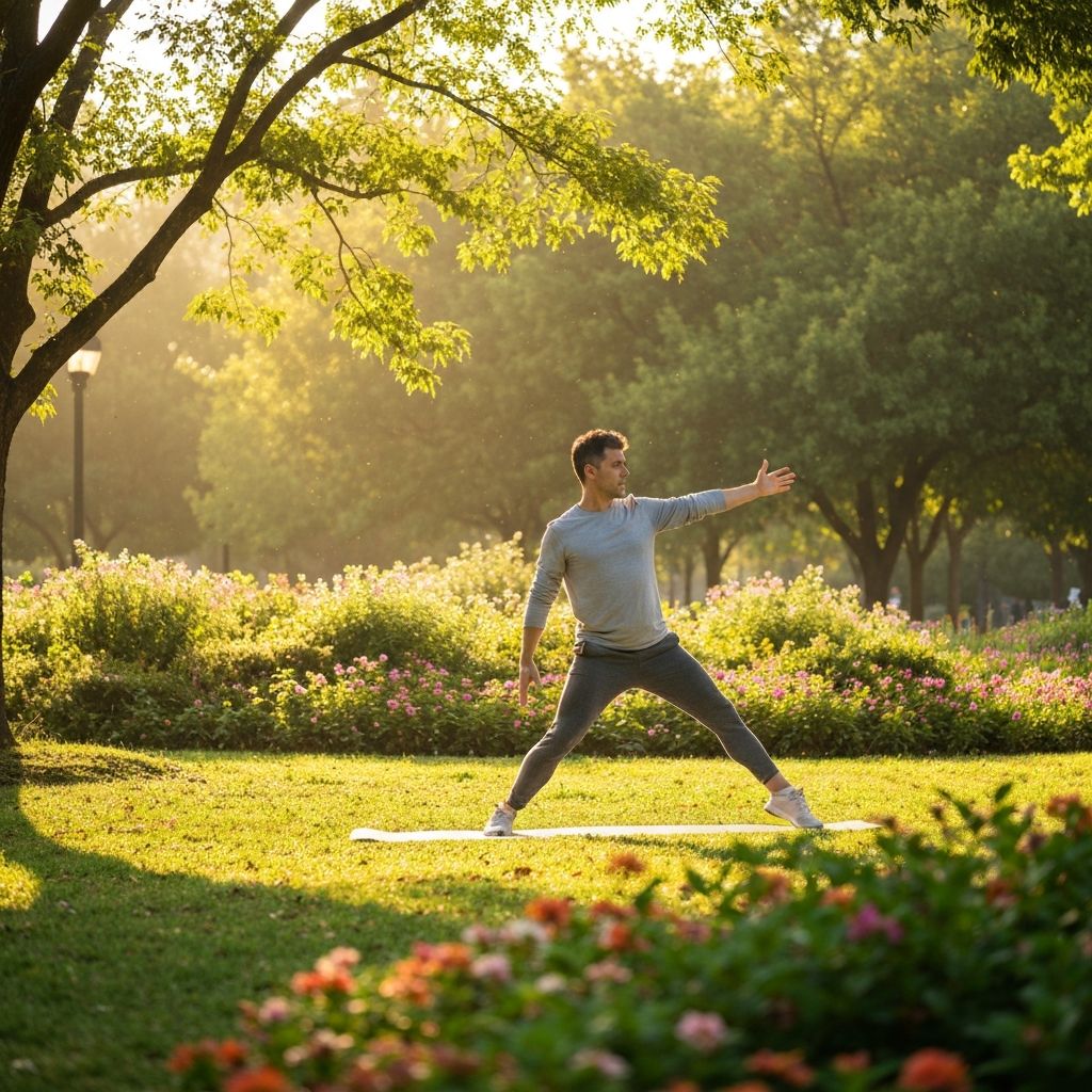 Pria melakukan yoga dan streching di alam terbuka